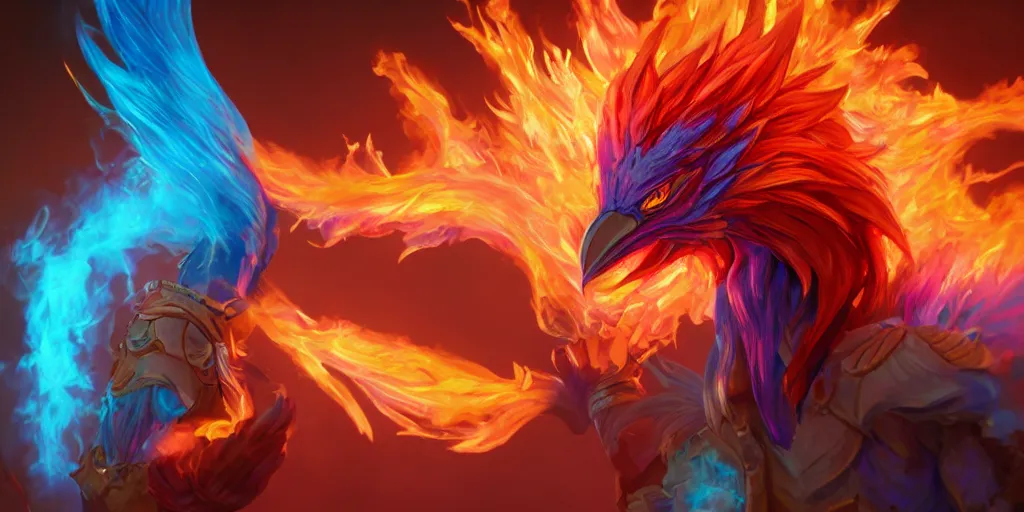 Prompt: pink and blue anthro flaming phoenix, character portrait, unreal engine 5, intricate, detailed, realistic, masterpiece