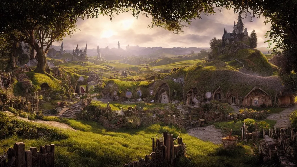 Image similar to a beautiful wide shot of hobbiton, middle earth, alan lee, fromsoftware, elden ring, dark souls, bloodborne, dark fantasy, realistic, highly detailed, 8 k, volumetric lighting, sinister lighting, detailed terrain, concept art, matte painting