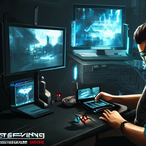 Image similar to realistic successful man typing on laptop in gaming room, artstation trends, cyberpunk concept art, highly detailed, intricate, sharp focus, digital art, 8 k