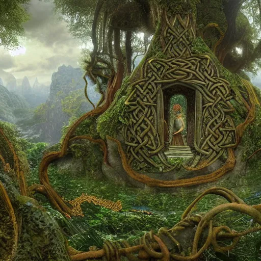 Image similar to a beautiful and highly detailed matte painting of an elven temple in a magical fantasy garden in a lush forest in the mystical mountains, celtic knots, tangled trees, knotted vines, intricate details, epic scale, insanely complex, 8 k, sharp focus, hyperrealism, very realistic, by caspar friedrich, albert bierstadt, james gurney, brian froud,