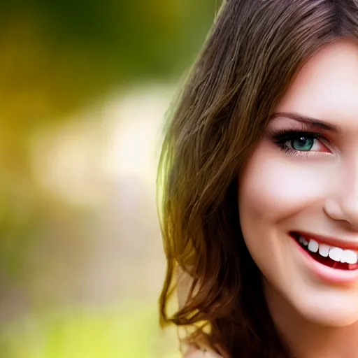 Prompt: beautiful woman with green eyes smiling, highly detailed, natural sunlight, few backlighting