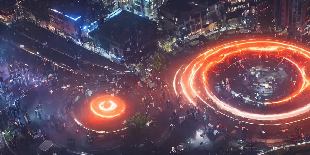 Image similar to policemen protecting a huge orange spiral - shaped bright white luminous attractor that is floating right in the center of the city from protesting people,, rain and light fog, professional lighting, concept art in 3 d, high detail, professional lighting, unreal engine