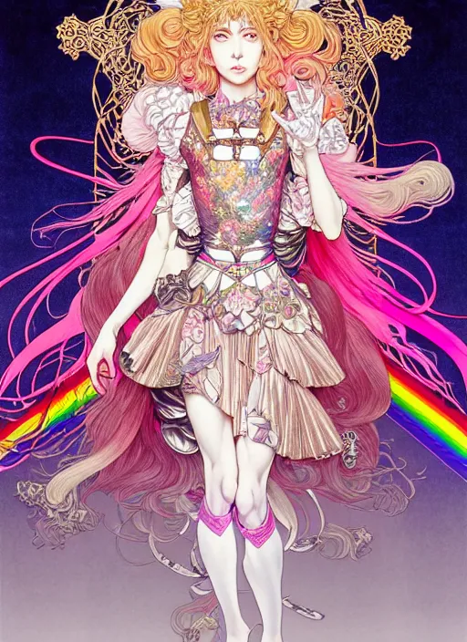 Image similar to highly detailed ayami kojima artgerm terada katsuya artstation manga poster of princess mechine, rainbow gradient reflection, long hair, armor, dress, laces, ruffles, 8 k, maximalist,, jump comics, tomer hanuka, alphonse mucha