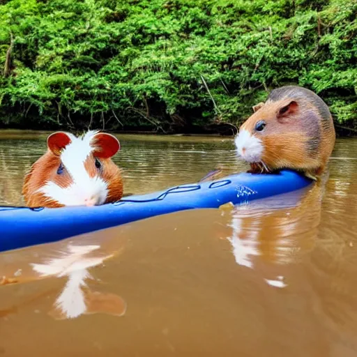 Prompt: a guinea pig sitting on a kayak on a calm stream