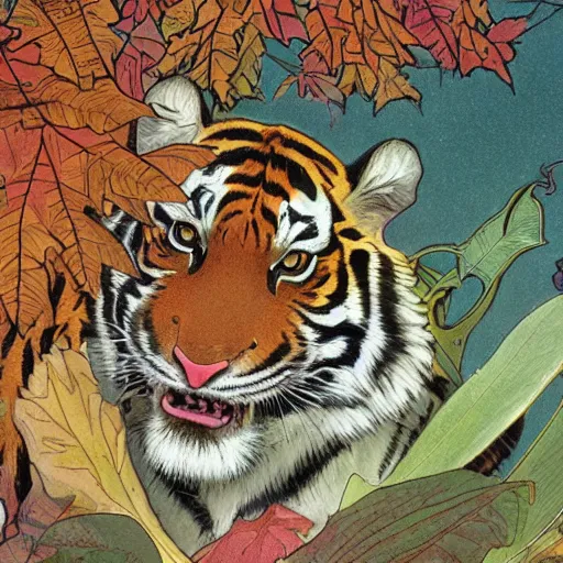 Image similar to a highly detailed cartoon tiger is flapping a leaf fan, sweating, autumn leaves on the ground, concise lines, ultradetailed environment, sharp focus, cinematic lighting, by alphonse maria mucha and kim jung gi