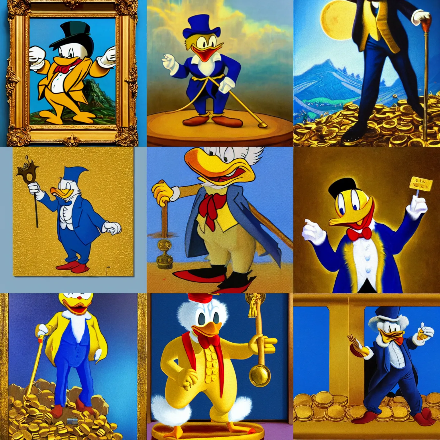 Prompt: Scrooge McDuck from the Duck Tales in blue costume standing on a mountain of gold and holding a cane, view from below, full body portrait, oil painting, highly detailed