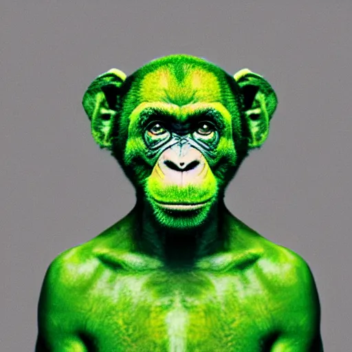 Image similar to a high quality photo of a green chimp wearing headphones, realism, 8k