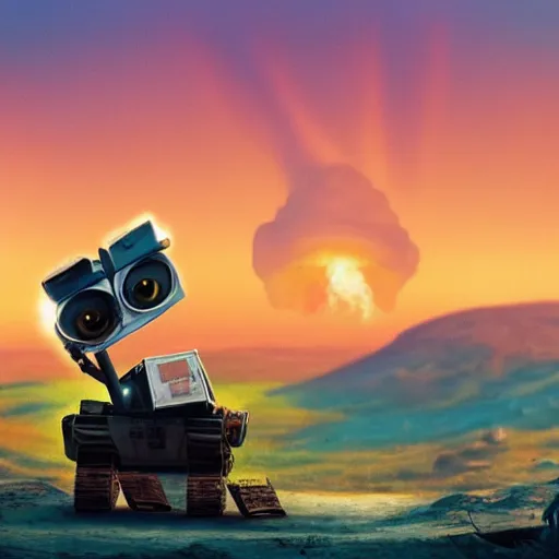 Image similar to wall-e witnessing a nuclear explosion in the distance