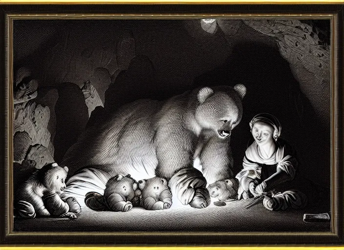 Image similar to Pieter Claesz's 'bear and her cubs sleeping in a dark cave lit by campfire', night time, cross hatching, framed