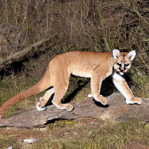 Image similar to trail cam of a mountain lion dancing with a monkey