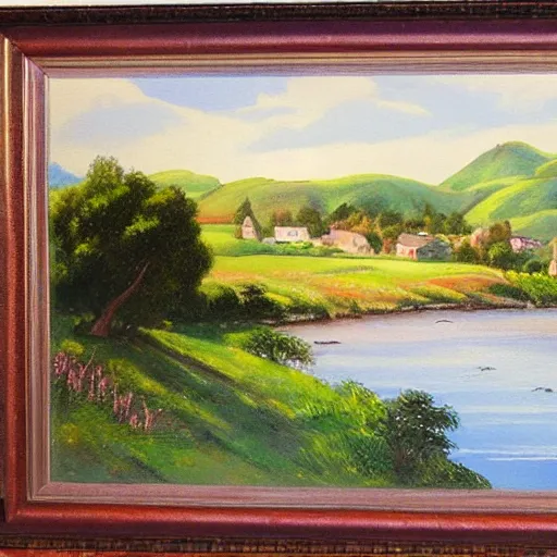 Image similar to landscape painting of the shire, bag - end, painting by bob ross