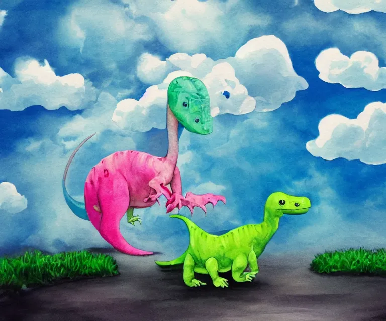 Image similar to a cute little dinosaur, water painting, cotton candy, fluffy clouds