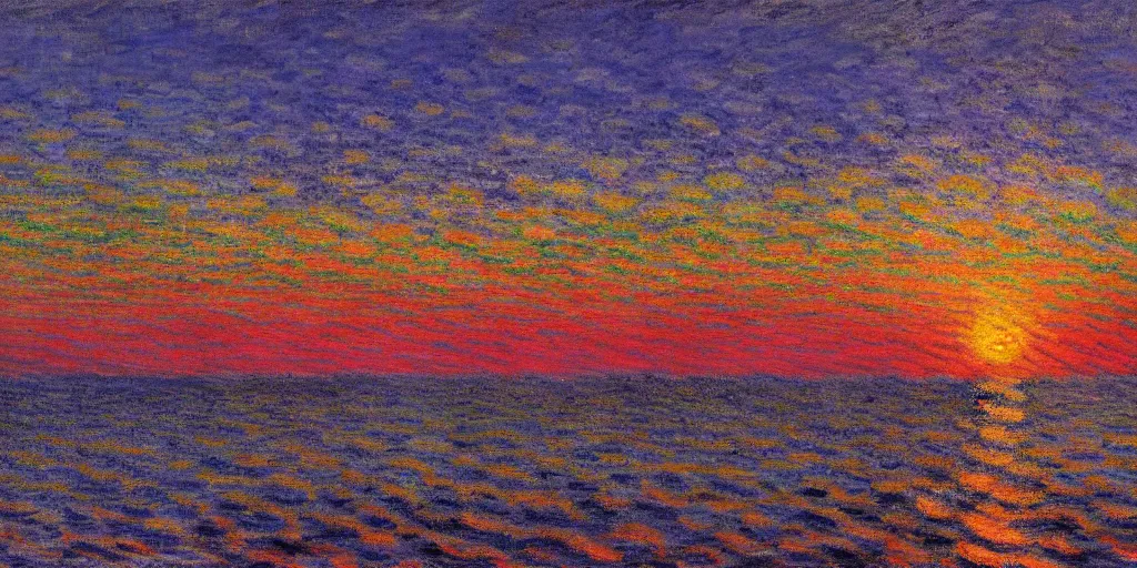 Image similar to An aesthetically pleasing, dynamic, energetic, lively, well-designed digital art of a sunset, beach, ship on horizon, light and shadow, caustics, by Claude Monet, superior quality, masterpiece, excellent use of negative space.