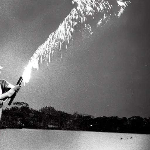 Image similar to Florida man aiming a shotgun at a hurricane, the word Murica in fireworks across the sky, photo, realistic, film grain, back and white