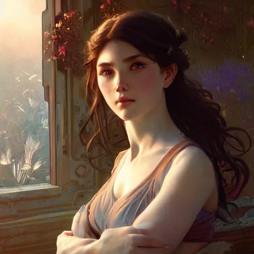 Image similar to Girl in love, subtle, looking far , highly detailed, digital painting, artstation, concept art, sharp focus, art by artgerm and greg rutkowski and alphonse mucha