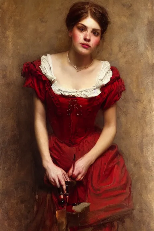 Image similar to Solomon Joseph Solomon and Richard Schmid and Jeremy Lipking victorian genre painting full length portrait painting of a young beautiful woman traditional german barmaid in fantasy costume, red background