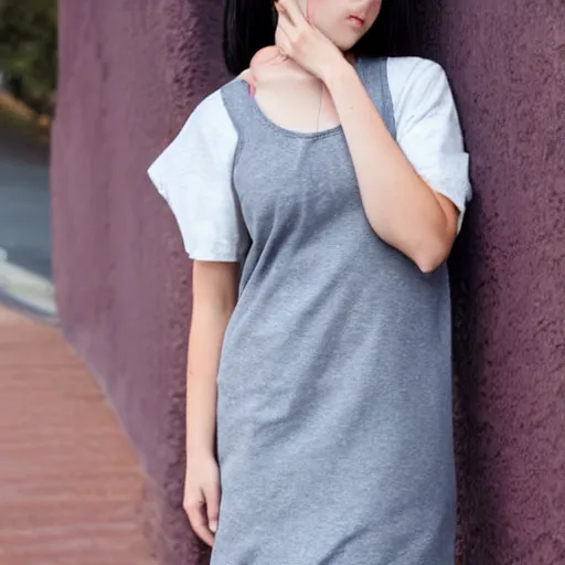 Image similar to girl in anime style with short grey hair wearing a potato sack dress