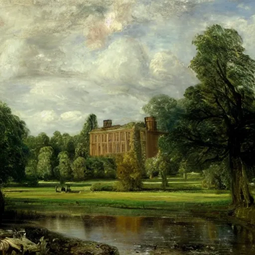 Prompt: Painting of a grand victorian building with surrounding woodland. Detailed, in the style of John Constable