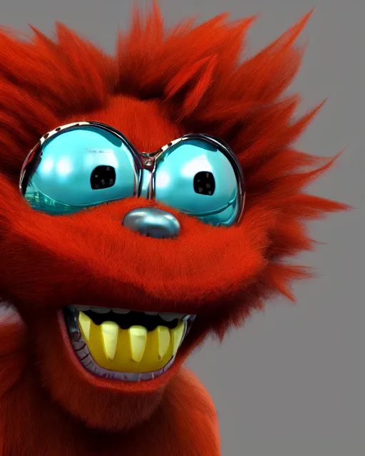 Prompt: 3 d render of completely red hairy friendly antropomorphic cartoony creature wearing chrome shades, similar to jake sully, without nose, full body, simple, cute, white background, unreal engine 5, octane render, highly detailed hdr