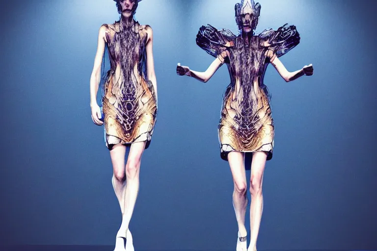 Prompt: space station, walking down the catwalk, stage, podium, vogue, fashion show photo, iris van herpen baroque dress, beautiful woman, perfect body, full body shot, masterpiece, artstation