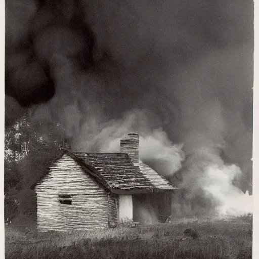 Image similar to a dark wood with an old cottage in state of dis - repair smoke rising, ghosts