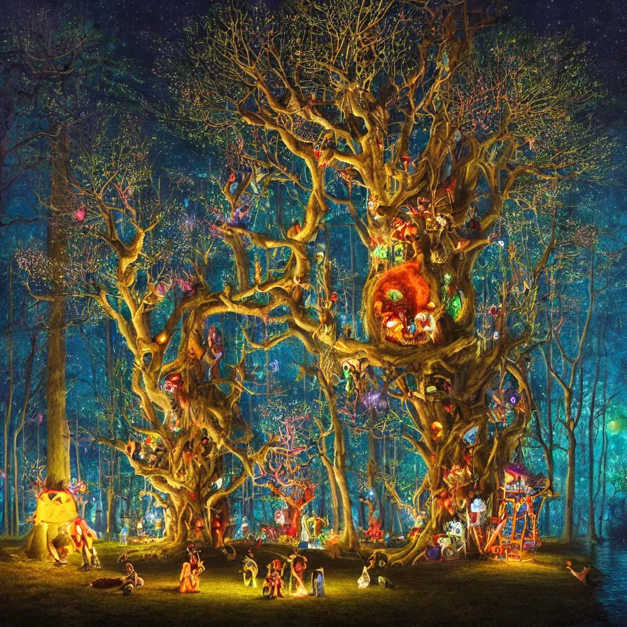 Image similar to a night carnival around a magical tree cavity, with a surreal orange moonlight and fireworks in the background, next to a lake with iridiscent water, christmas lights, folklore animals and people disguised as fantastic creatures in a magical forest by summer night, masterpiece painted bypeter christian skovgaard, dark night environment