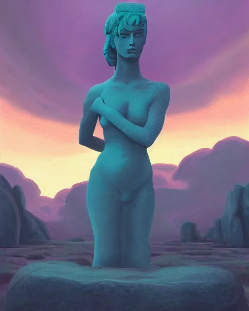 Image similar to a painting of a real woman standing in front of a huge stone statue, a screenshot by stanley twardowicz, cgsociety, aestheticism, aesthetic, vaporwave, anime aesthetic