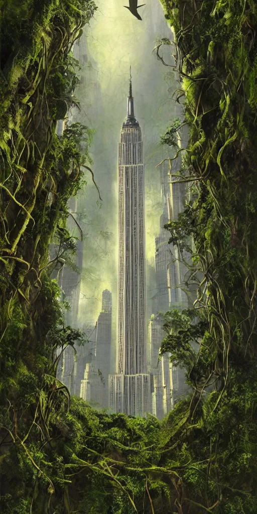 Image similar to an epic view of vines and moss growing on the empire state building, moss, jungle, with pterosaurs flying, close - up, low angle, wide angle, atmospheric, volumetric lighting, cinematic, very realistic, sharp, highly detailed digital art, painted by craig mullins