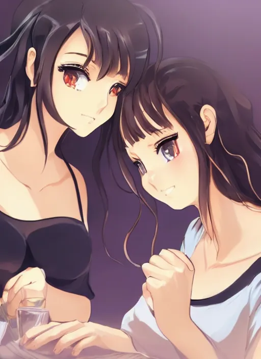 Image similar to two beautiful mothers sitting across from each other, summer clothes, gorgeous faces, thick lines, cinematic lighting, detailed anime art