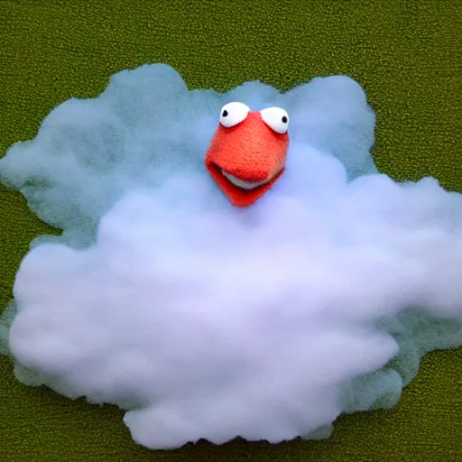 Prompt: Kermit made of translucent clouds and fog