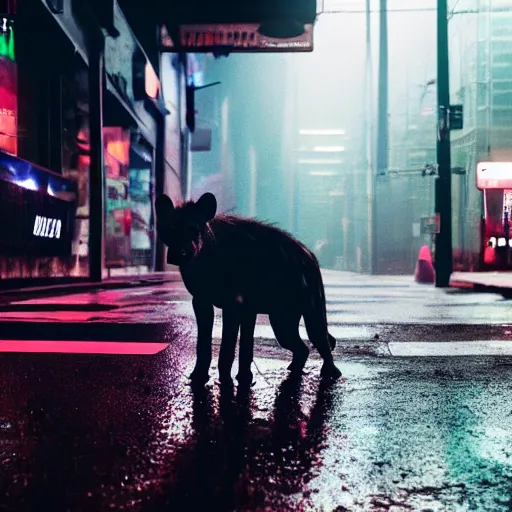 Image similar to a high quality low wide angle photo of a hyena on the streets of a cyberpunk city, rainy, reflective ground, neon lights, realism, 8k