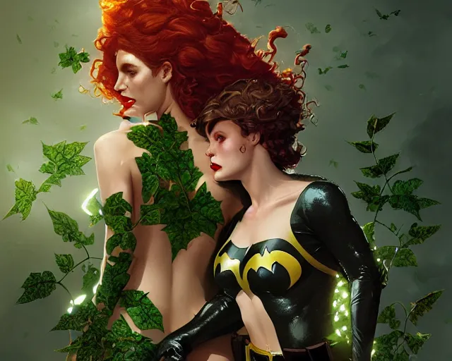 Image similar to poison ivy and Batman battle, illustration, artstation, cinematic lighting, hyperdetailed, cgsociety, 8k, high resolution, Charlie Bowater, Tom Bagshaw, Norman Rockwell, insanely detailed and intricate, prison background