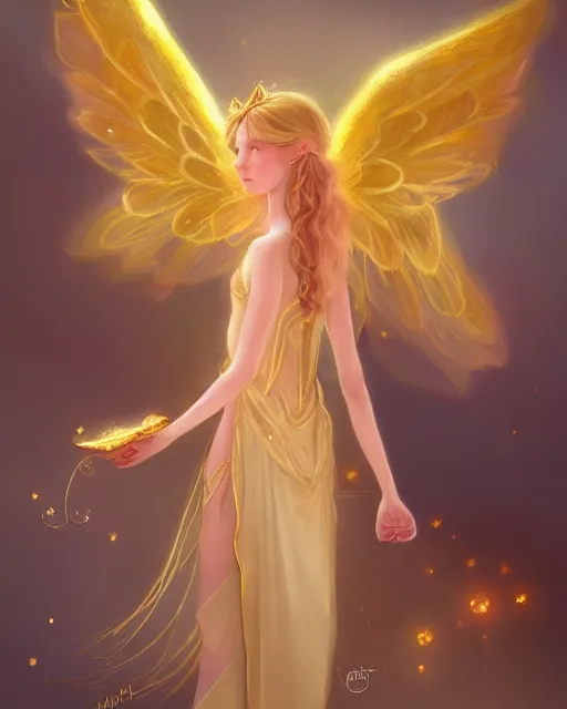 Image similar to a cute magical ethereal golden fairy with wings, fantasy art drawn by disney concept artists, high quality, highly detailed, elegant, sharp focus, concept art, character concepts, digital painting, mystery, adventure