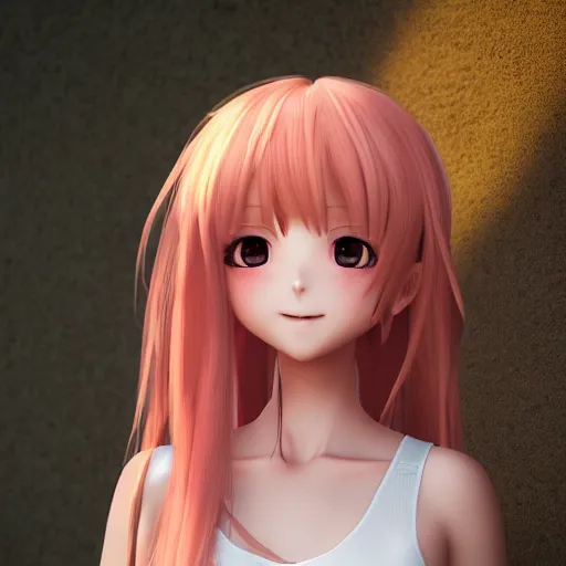 Prompt: Render of a cute 3d anime girl, long pink hair, full bangs, hazel eyes, cute freckles, full round face, soft smile, cute sundress, golden hour, serene beach setting, medium shot, mid-shot, hyperdetailed, trending on Artstation, Unreal Engine 4k