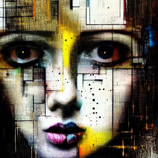 Prompt: portrait of a beautiful woman, crying, glitch effects over the eyes, shadows, by Guy Denning, by Johannes Itten, by Russ Mills, centered, glitch art, hacking effects, chromatic, cyberpunk, color blocking, oil on canvas, concept art, abstract