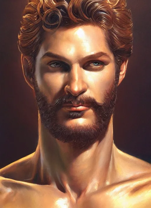 Image similar to a magical portrait of the god of masculinity, art by boris vallejo and greg danton and denys tsiperko, detailed, hyperrealism, artstation