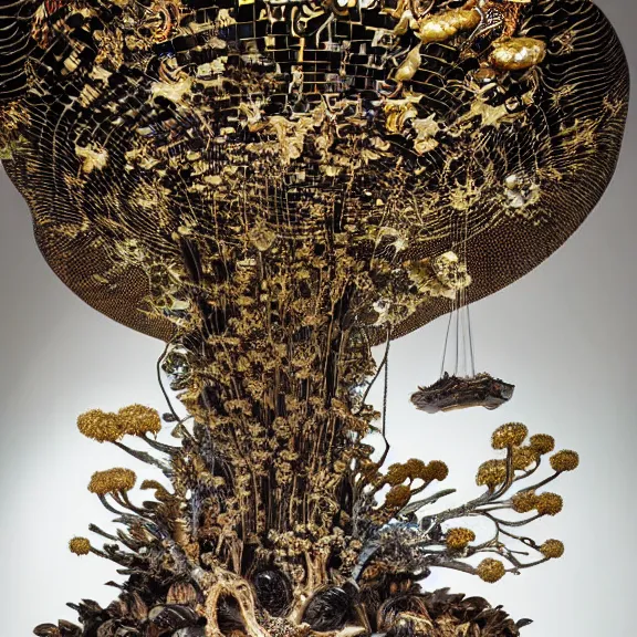 Image similar to symmetric frame from Prometheus, biomechanical gaia, by guo pei and alexander mcqueen metal couture editorial, in mycelium macro mushroom hanging garden by giger by utagawa kuniyoshi by Yuko Shimizu