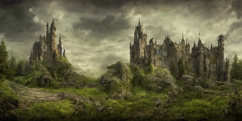 Image similar to matte painting, castle, dramatic landscape, overgrown