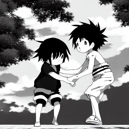 Image similar to black and white toddlers playing. anime style, environmental art animation background, studio ghibli, makoto shinkai