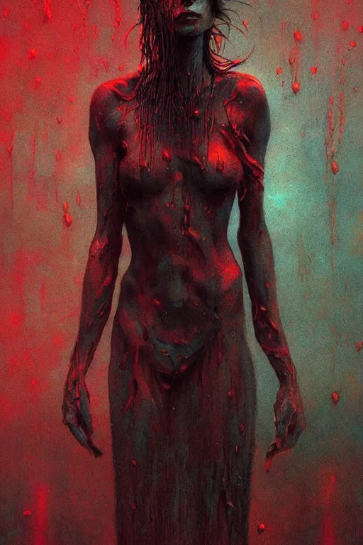 Image similar to queen of darkness painting in the style of beksinski, violent, high delicate defined details, beautiful, atmospheric, rain, matte, 3 d 8 k octane rendered, sharp focus, illustration, holographic undertones, high detail, ultra realistic, highly saturated colors