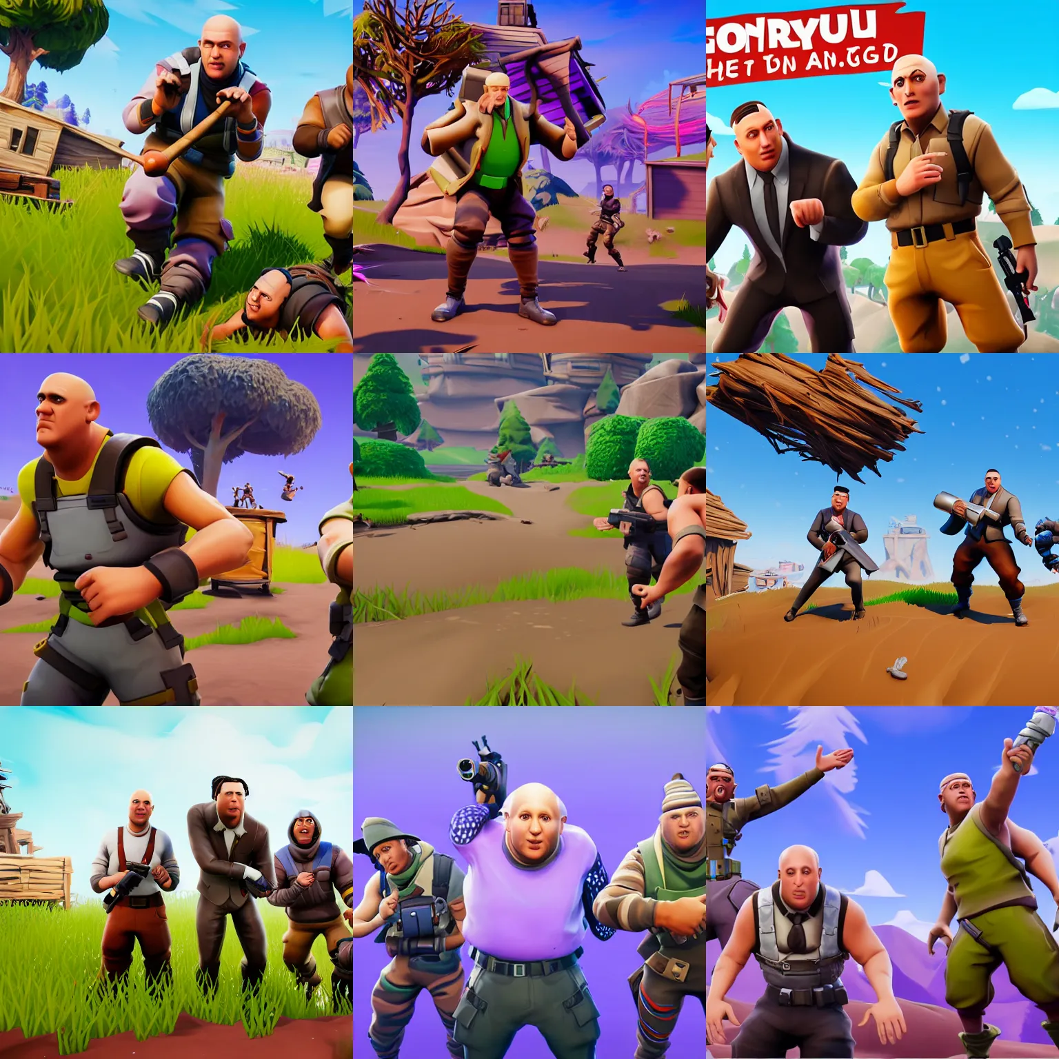 Prompt: screenshot of the three stooges in fortnite