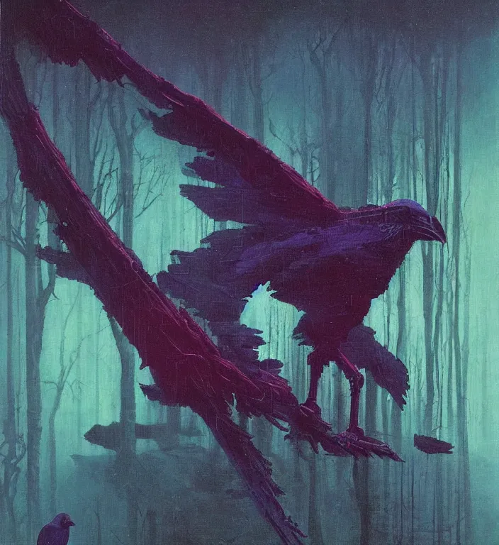 Prompt: robotic android raven bird in the deep forest red and purple palette, volume light, fog, by caspar david friedrich by ( h. r. giger ) and paul lehr