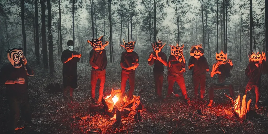 Image similar to forest hermits wearing scary wooden masks preparing a ritual around a wildly lit campfire in an ominous forest at night, photography