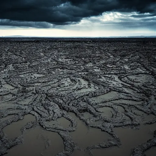 Prompt: a thousand eyeballs peaking through a sea of mud, epic landscapes, hell, bright light, 4 k, 8 k