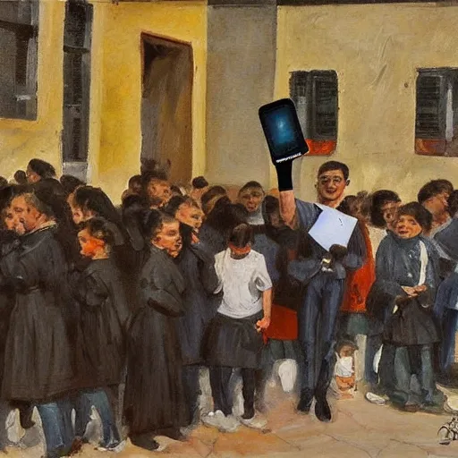 Prompt: teenegers with phones as head stend in front of a school in genoa. painting