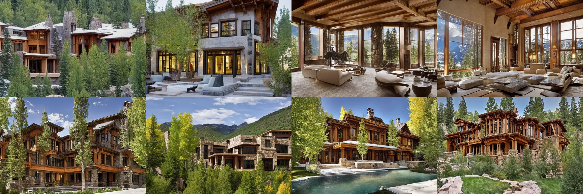 Prompt: a beautiful modern stone mansion in Aspen by alphonse mucha