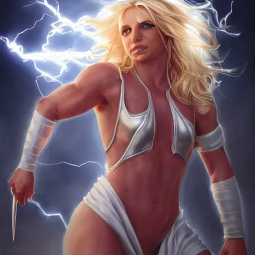 Image similar to britney spears as the greek god of lightning, highly detailed, by artgerm and greg rutkowski