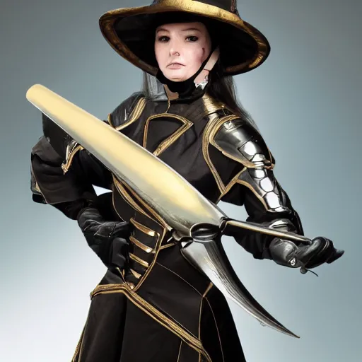 Image similar to photo of a futuristic female musketeer