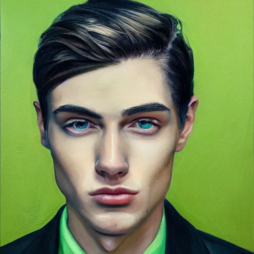 Image similar to A beautiful painting of a young man, blonde, wearing a suit, oil painting, green eyes, gloomy lighting, hyper detailed, trending on artstation