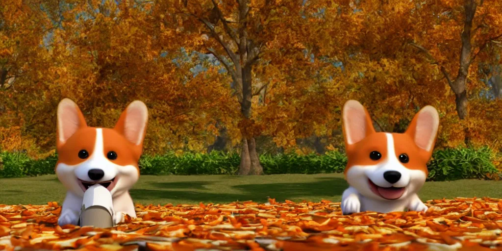 Prompt: A 3D render of a corgi eating pizza in a park during the autumn fall, by Pixar